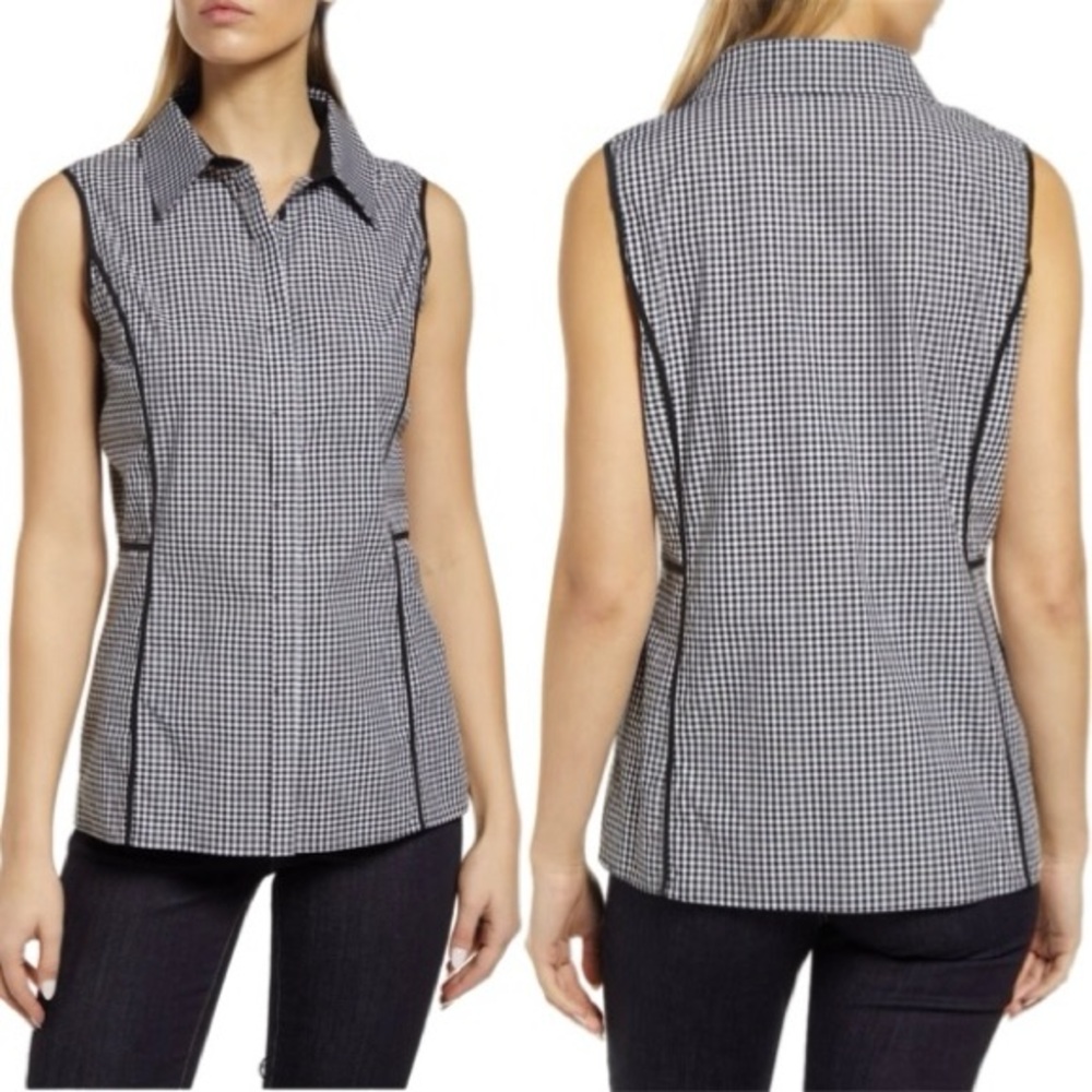 Ming Wang Gingham Collared Sleeveless Plaid Top Size XL